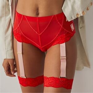 Free People Hole in One Panty Garter Briefs Red Lace Size XS NWT